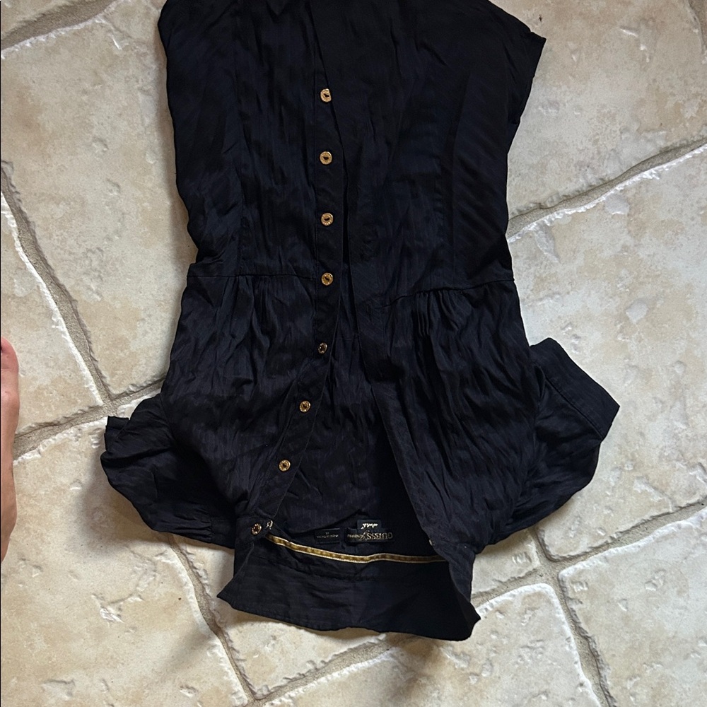 Guess Black Button-Up Top with Gold Accents